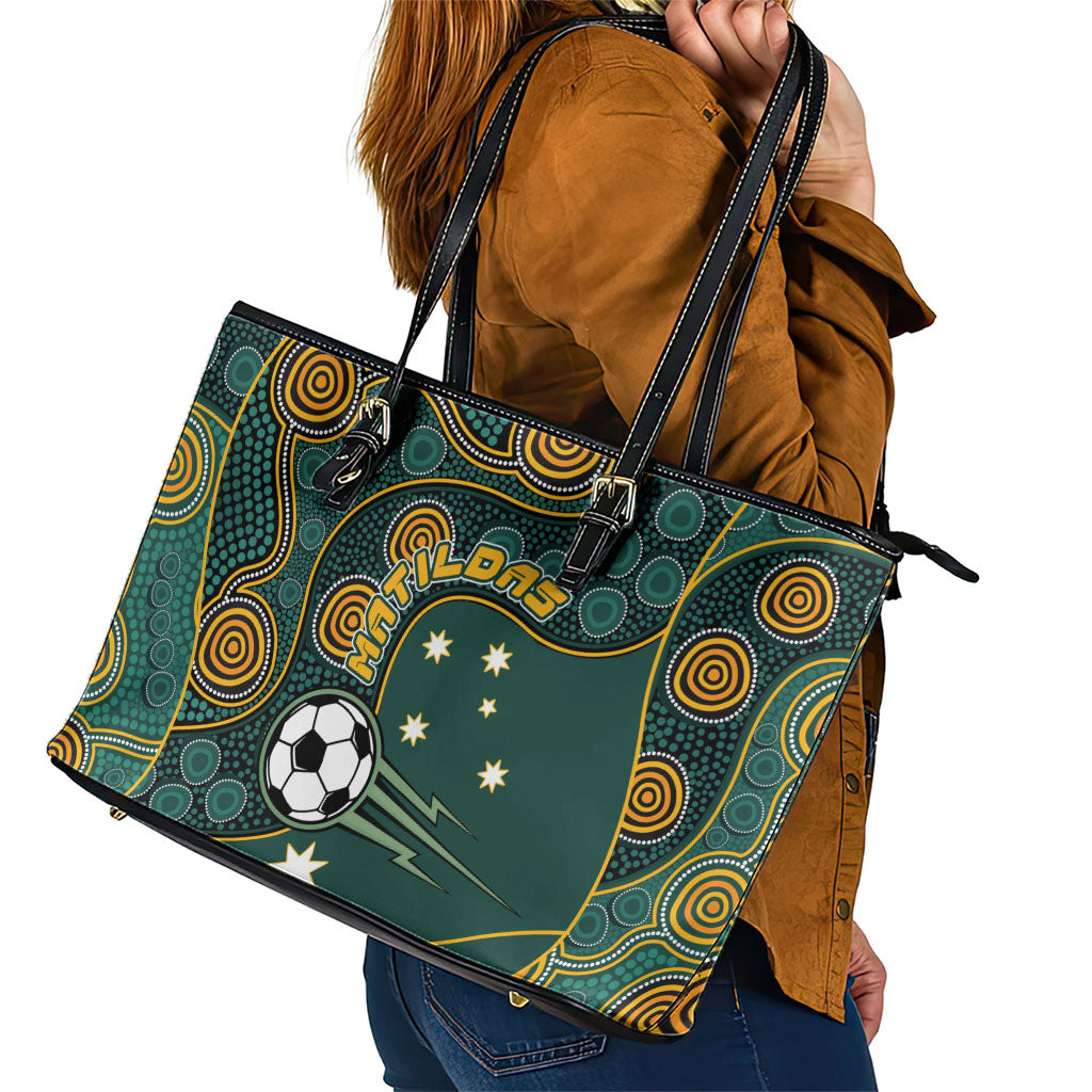 Matildas Game On Leather Tote Bag Indigenous Dot Art Soccer Ball With Southern Cross Stars