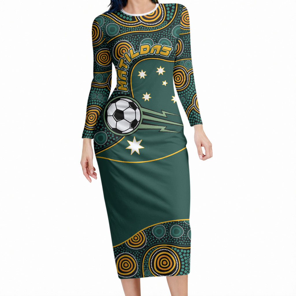 Matildas Game On Long Sleeve Bodycon Dress Indigenous Dot Art Soccer Ball With Southern Cross Stars