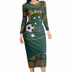 Matildas Game On Long Sleeve Bodycon Dress Indigenous Dot Art Soccer Ball With Southern Cross Stars