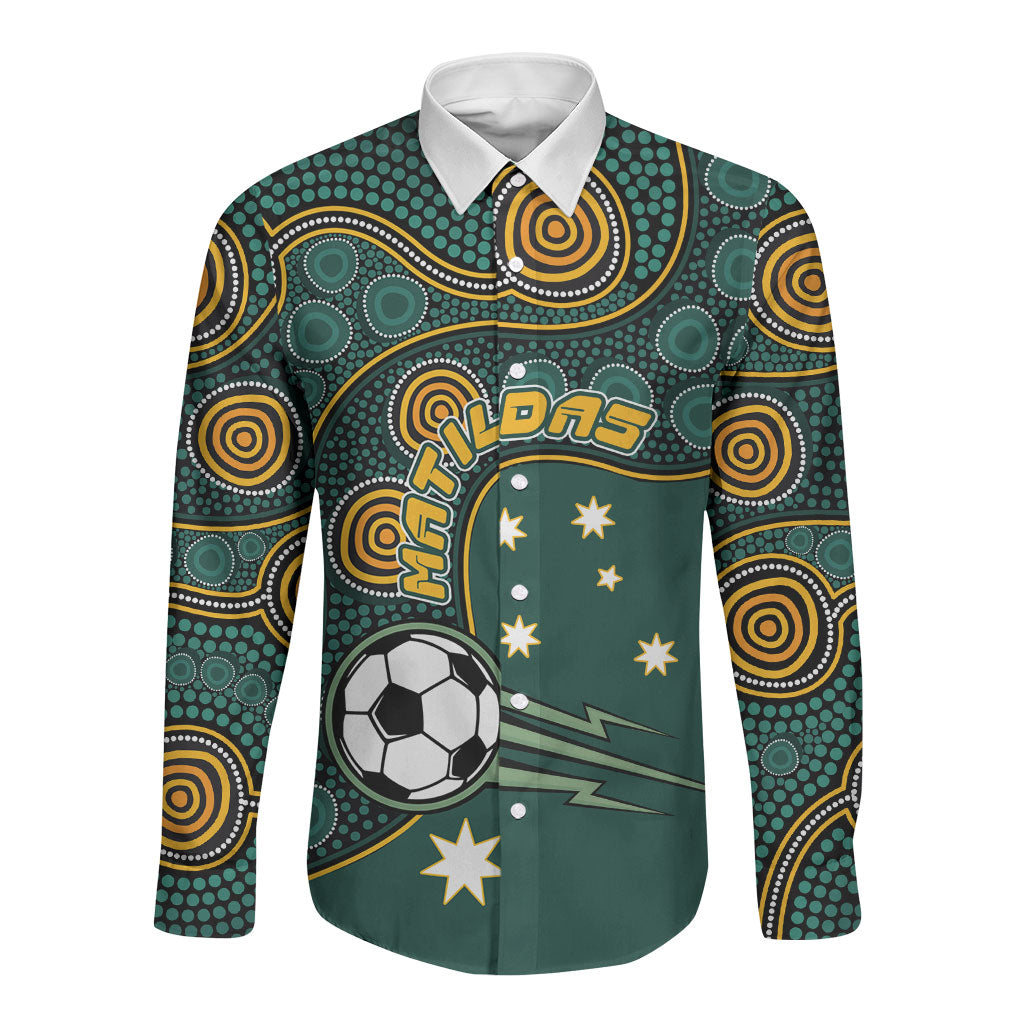 Matildas Game On Long Sleeve Button Shirt Indigenous Dot Art Soccer Ball With Southern Cross Stars