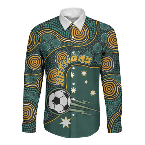 Matildas Game On Long Sleeve Button Shirt Indigenous Dot Art Soccer Ball With Southern Cross Stars