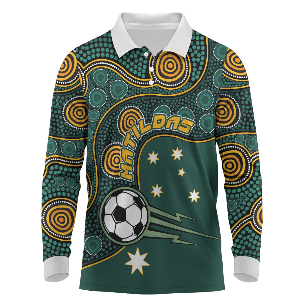 Matildas Game On Long Sleeve Polo Shirt Indigenous Dot Art Soccer Ball With Southern Cross Stars