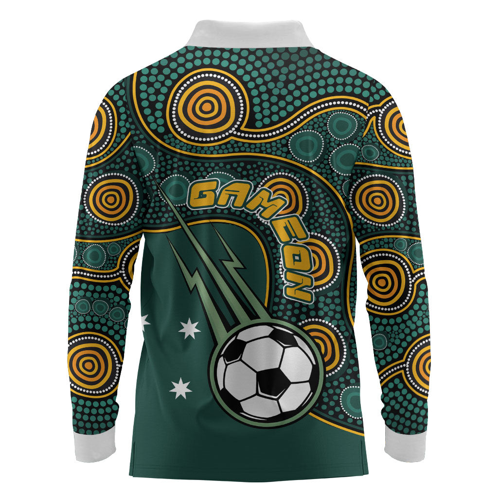 Matildas Game On Long Sleeve Polo Shirt Indigenous Dot Art Soccer Ball With Southern Cross Stars