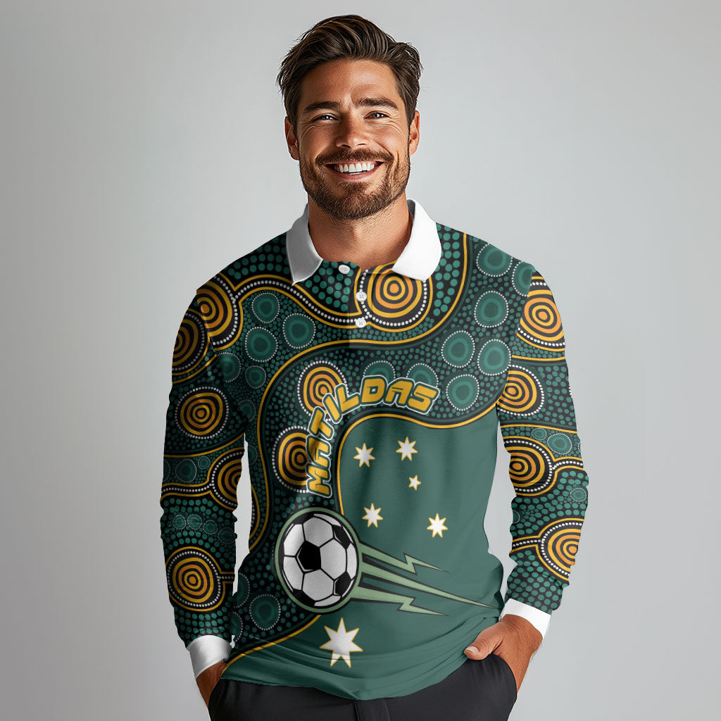 Matildas Game On Long Sleeve Polo Shirt Indigenous Dot Art Soccer Ball With Southern Cross Stars
