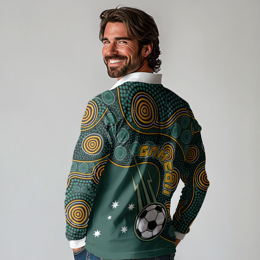 Matildas Game On Long Sleeve Polo Shirt Indigenous Dot Art Soccer Ball With Southern Cross Stars