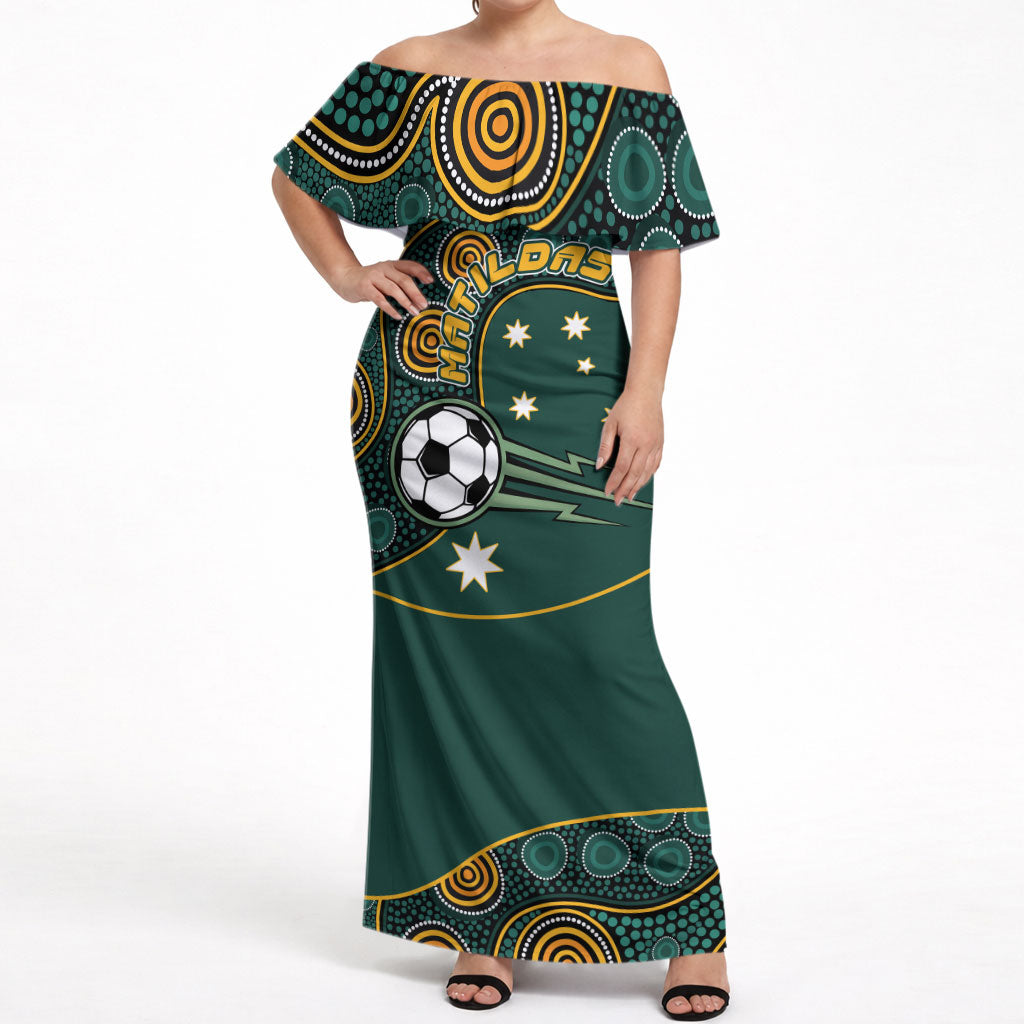 Matildas Game On Off Shoulder Maxi Dress Indigenous Dot Art Soccer Ball With Southern Cross Stars