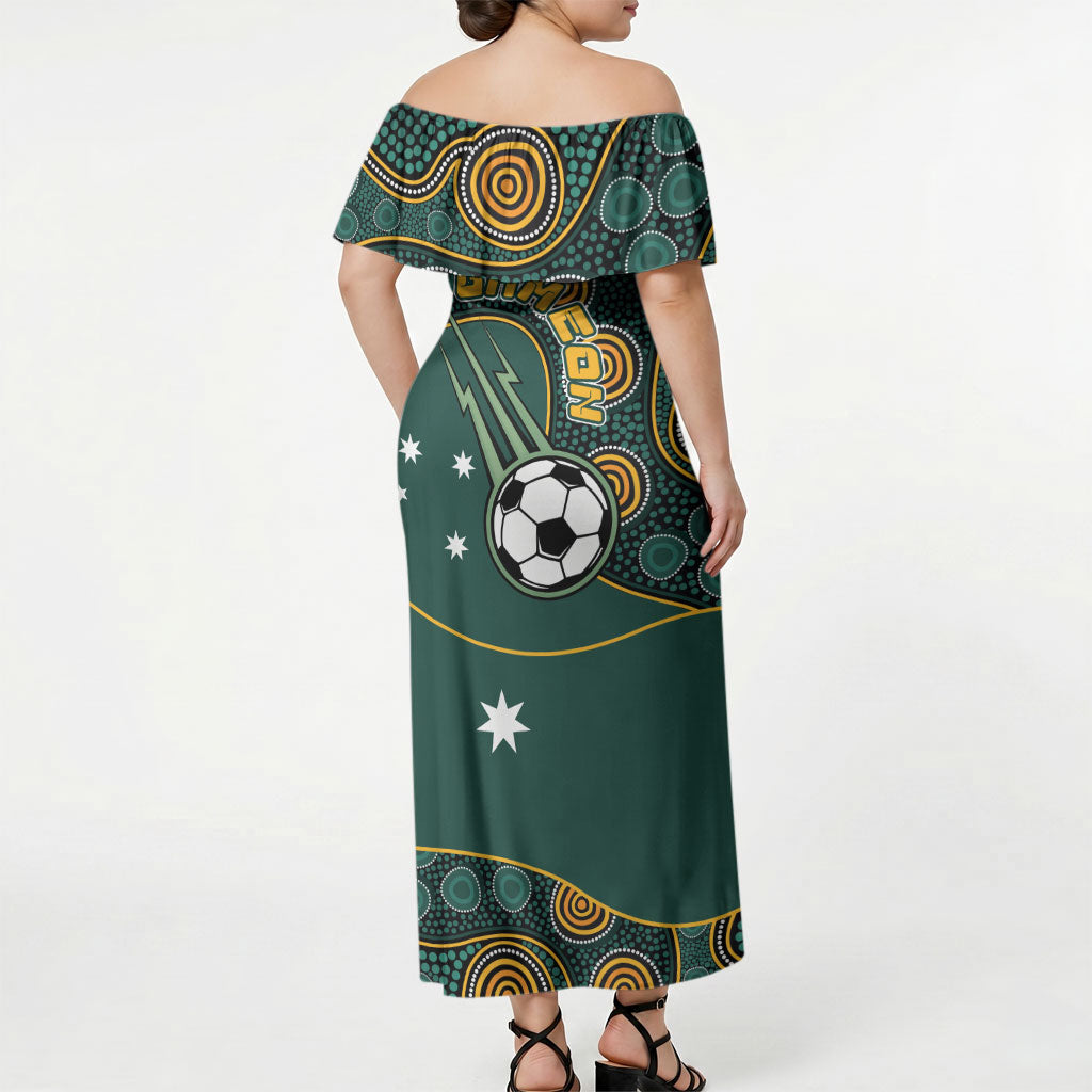 Matildas Game On Off Shoulder Maxi Dress Indigenous Dot Art Soccer Ball With Southern Cross Stars