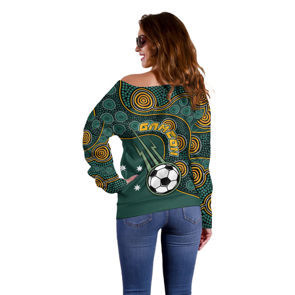 Matildas Game On Off Shoulder Sweater Indigenous Dot Art Soccer Ball With Southern Cross Stars