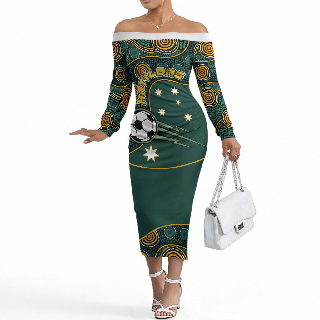 Matildas Game On Off The Shoulder Long Sleeve Dress Indigenous Dot Art Soccer Ball With Southern Cross Stars