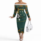 Matildas Game On Off The Shoulder Long Sleeve Dress Indigenous Dot Art Soccer Ball With Southern Cross Stars