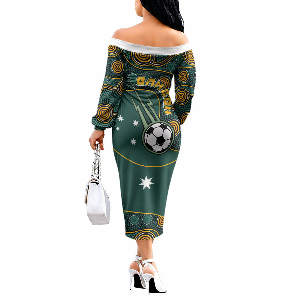 Matildas Game On Off The Shoulder Long Sleeve Dress Indigenous Dot Art Soccer Ball With Southern Cross Stars