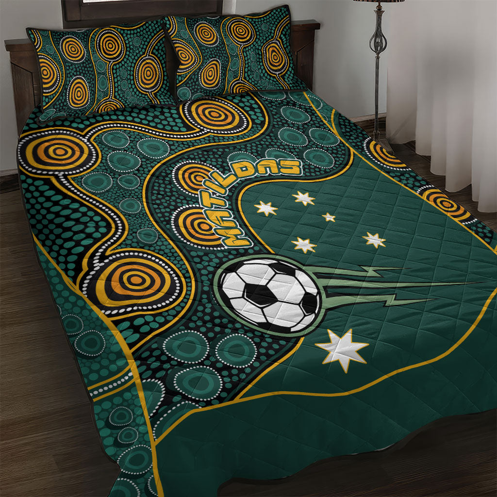 Matildas Game On Quilt Bed Set Indigenous Dot Art Soccer Ball With Southern Cross Stars