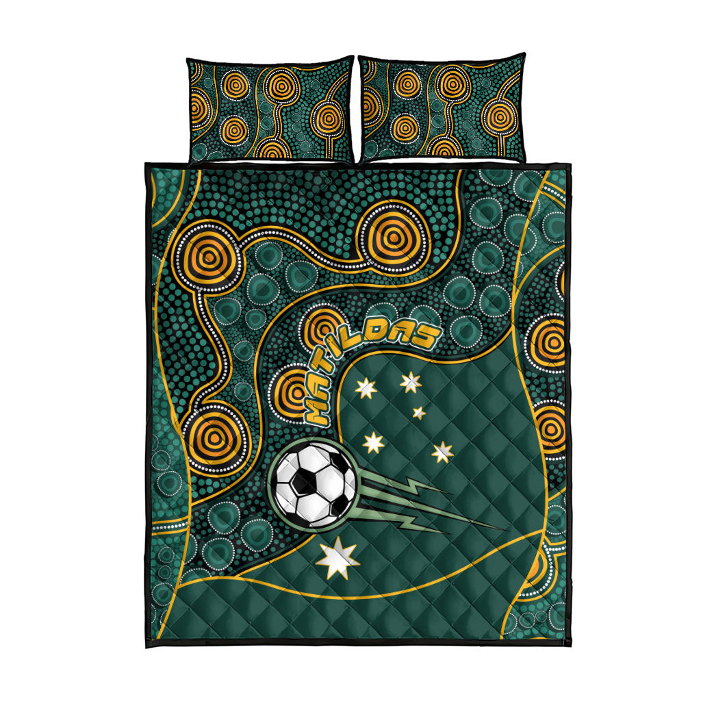 Matildas Game On Quilt Bed Set Indigenous Dot Art Soccer Ball With Southern Cross Stars