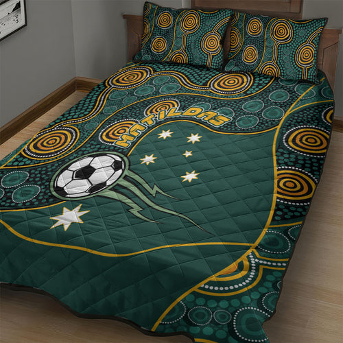 Matildas Game On Quilt Bed Set Indigenous Dot Art Soccer Ball With Southern Cross Stars