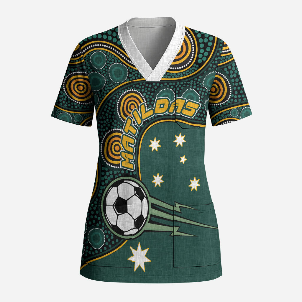 Matildas Game On Scrub Top Indigenous Dot Art Soccer Ball With Southern Cross Stars
