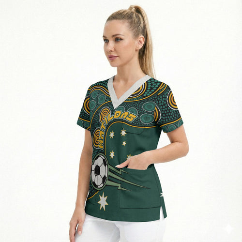 Matildas Game On Scrub Top Indigenous Dot Art Soccer Ball With Southern Cross Stars