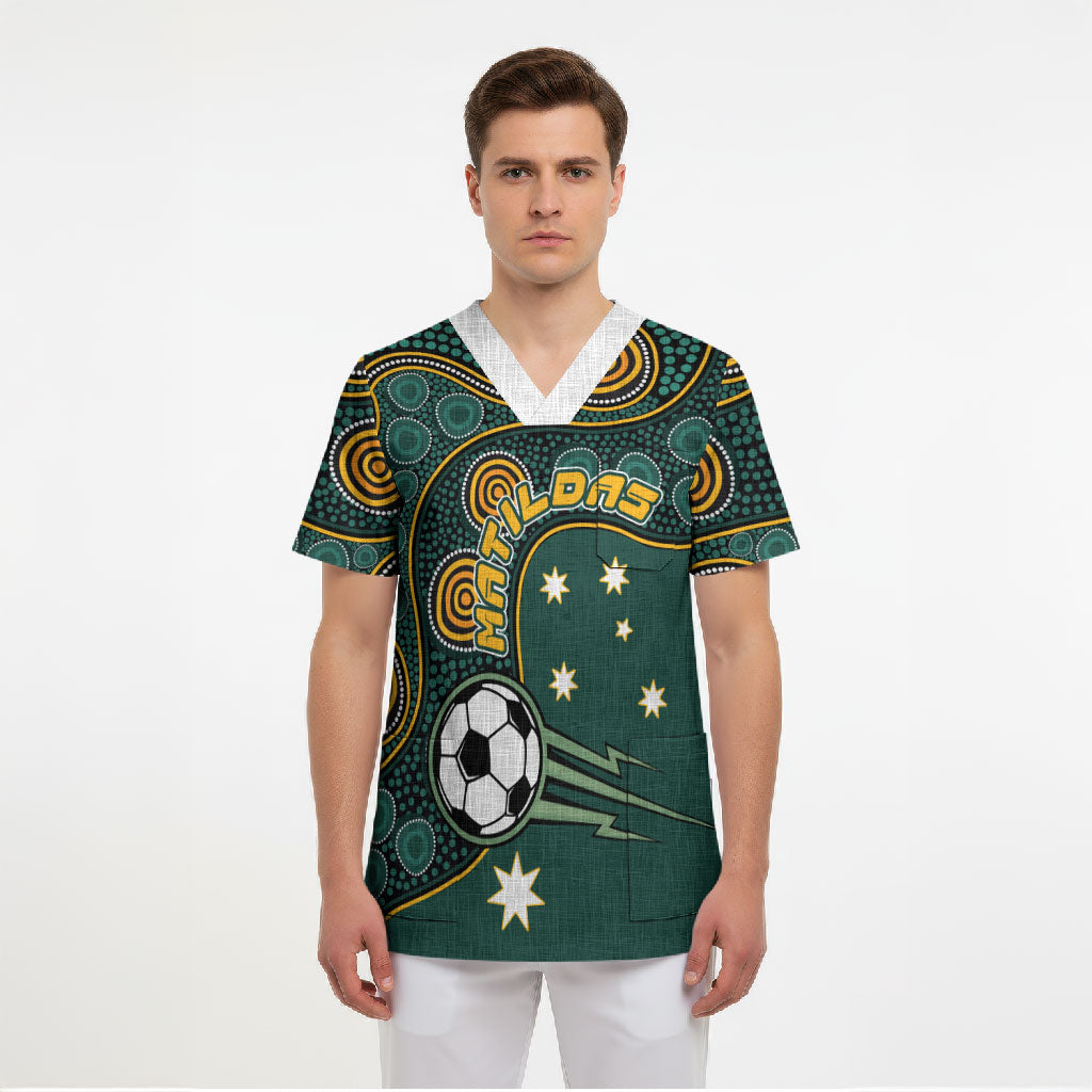 Matildas Game On Scrub Top Indigenous Dot Art Soccer Ball With Southern Cross Stars