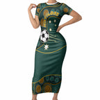 Matildas Game On Short Sleeve Bodycon Dress Indigenous Dot Art Soccer Ball With Southern Cross Stars