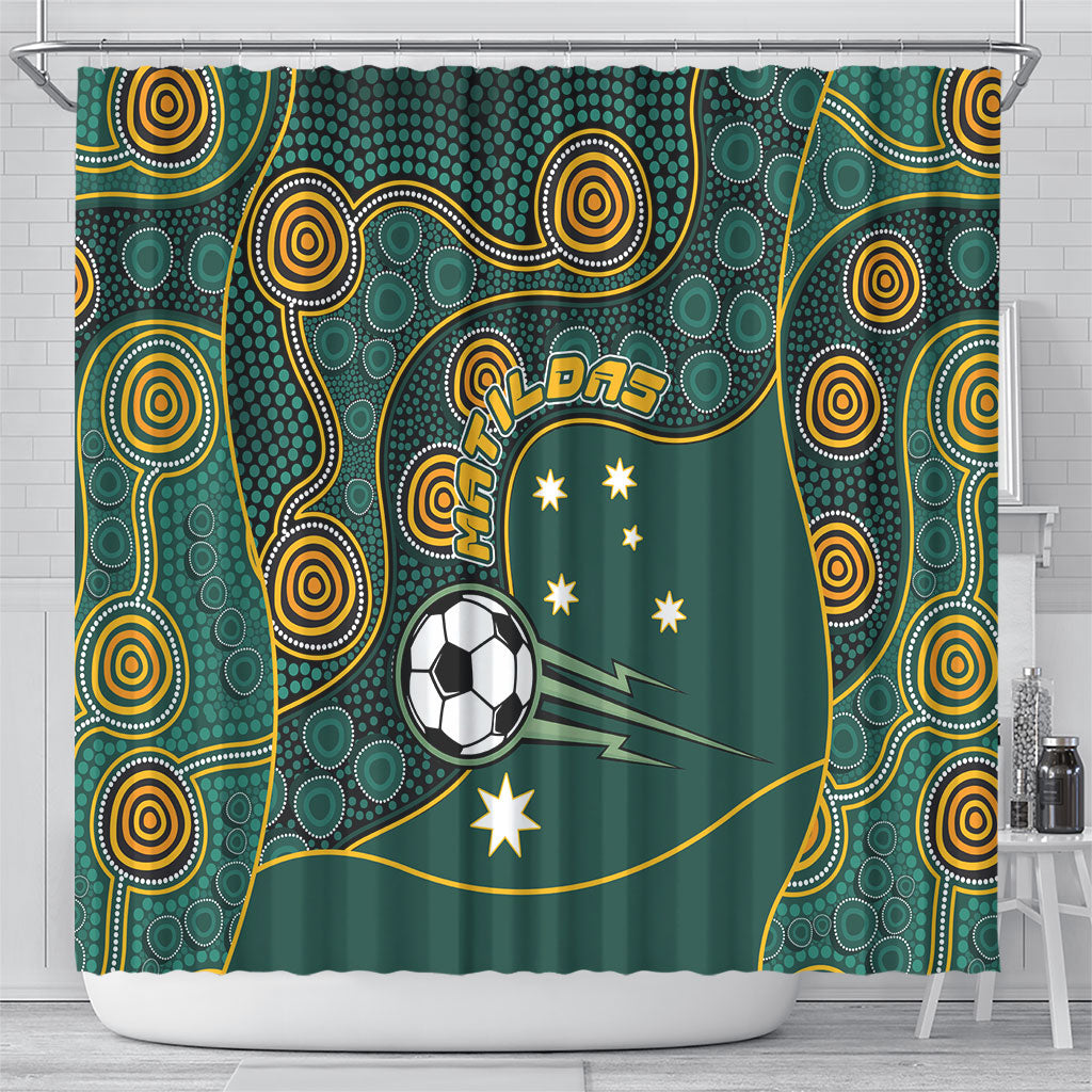 Matildas Game On Shower Curtain Indigenous Dot Art Soccer Ball With Southern Cross Stars