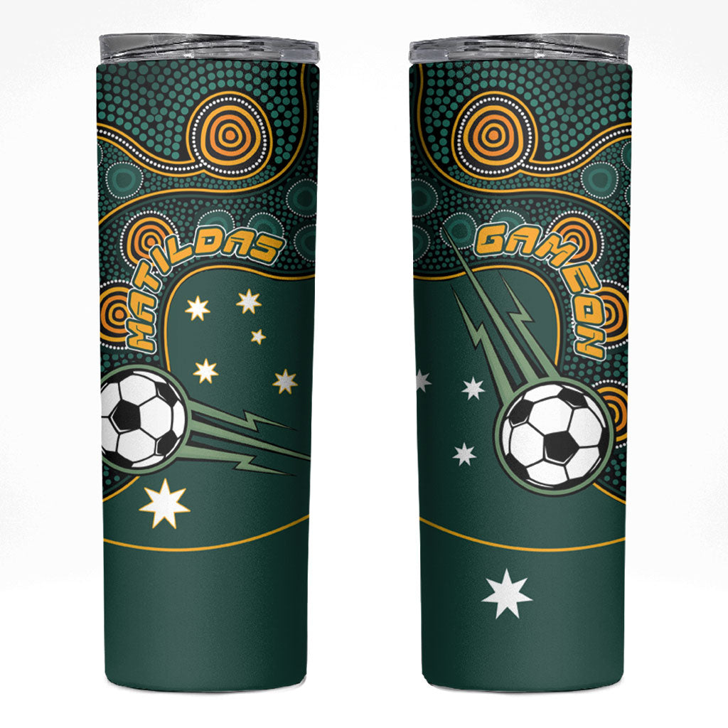 Matildas Game On Skinny Tumbler Indigenous Dot Art Soccer Ball With Southern Cross Stars