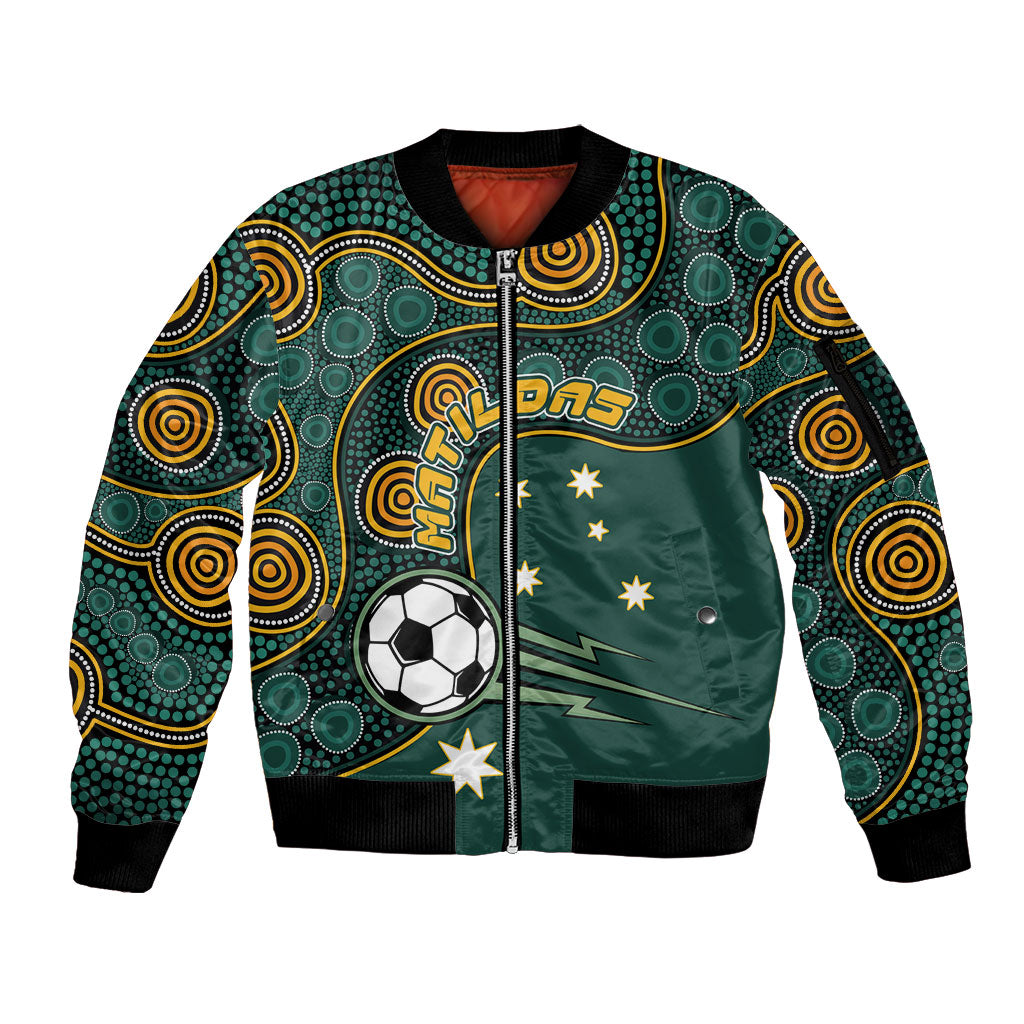 Matildas Game On Sleeve Zip Bomber Jacket Indigenous Dot Art Soccer Ball With Southern Cross Stars