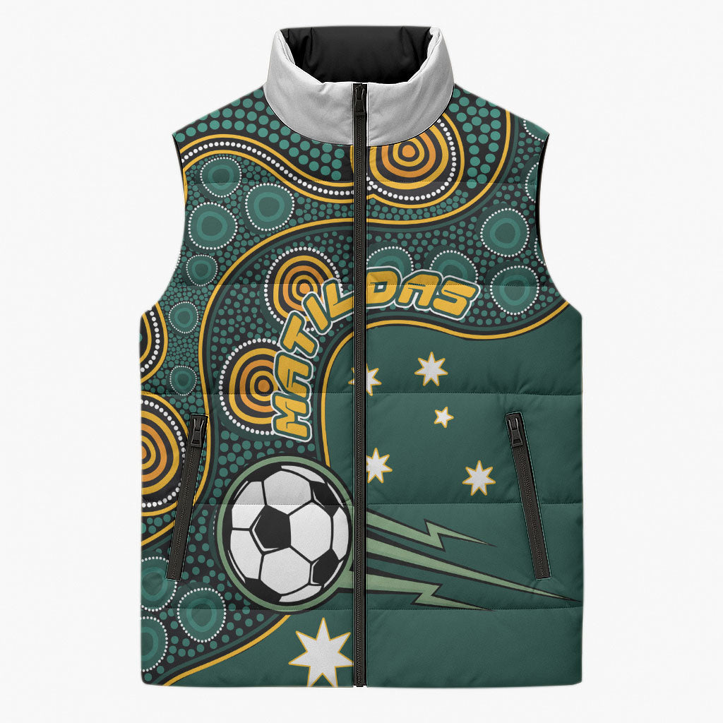 Matildas Game On Sleeveless Puffer Jacket Indigenous Dot Art Soccer Ball With Southern Cross Stars