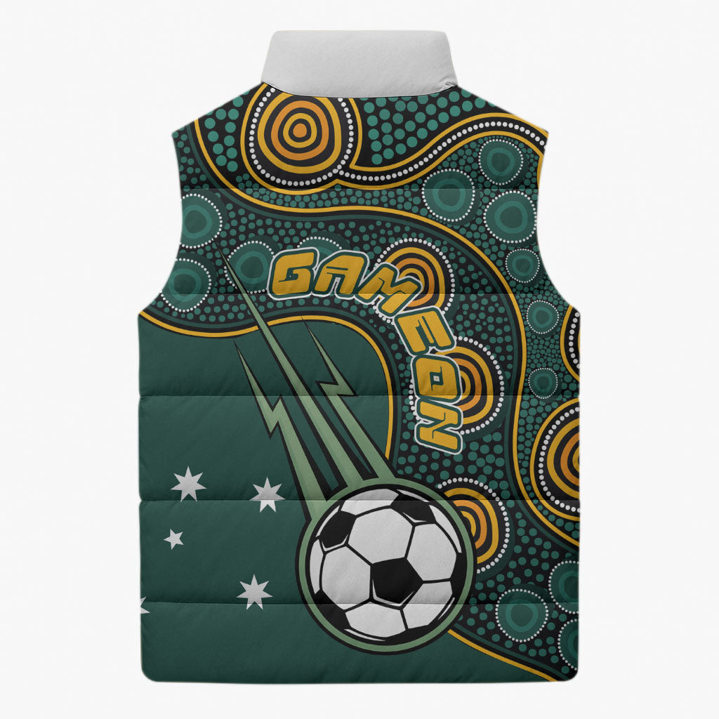Matildas Game On Sleeveless Puffer Jacket Indigenous Dot Art Soccer Ball With Southern Cross Stars