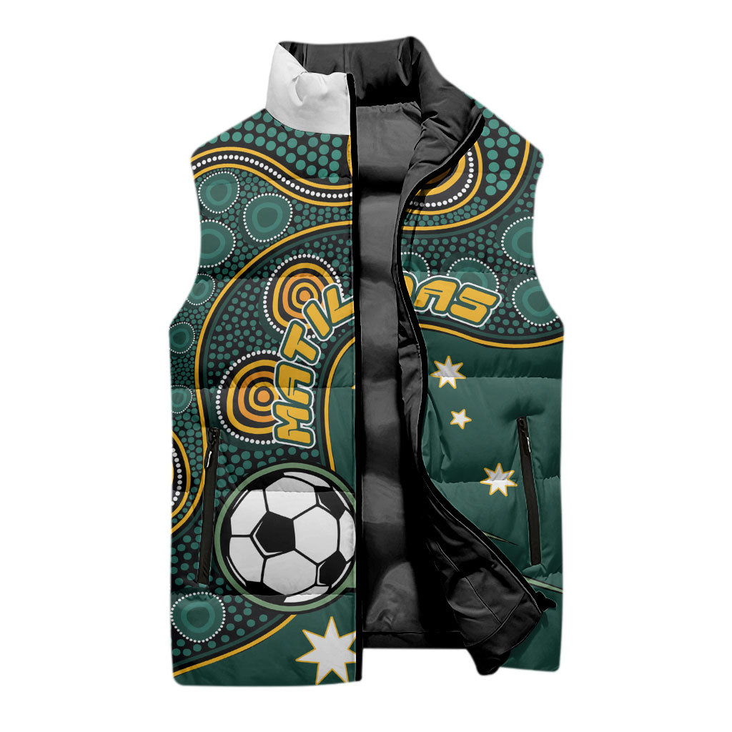 Matildas Game On Sleeveless Puffer Jacket Indigenous Dot Art Soccer Ball With Southern Cross Stars