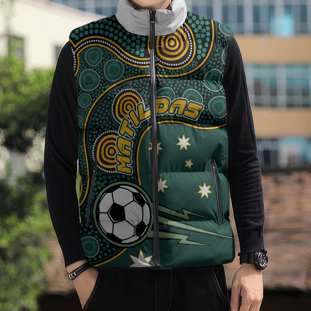 Matildas Game On Sleeveless Puffer Jacket Indigenous Dot Art Soccer Ball With Southern Cross Stars