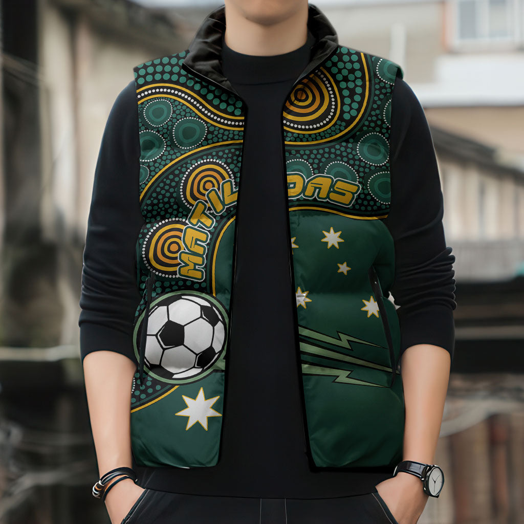 Matildas Game On Sleeveless Puffer Jacket Indigenous Dot Art Soccer Ball With Southern Cross Stars