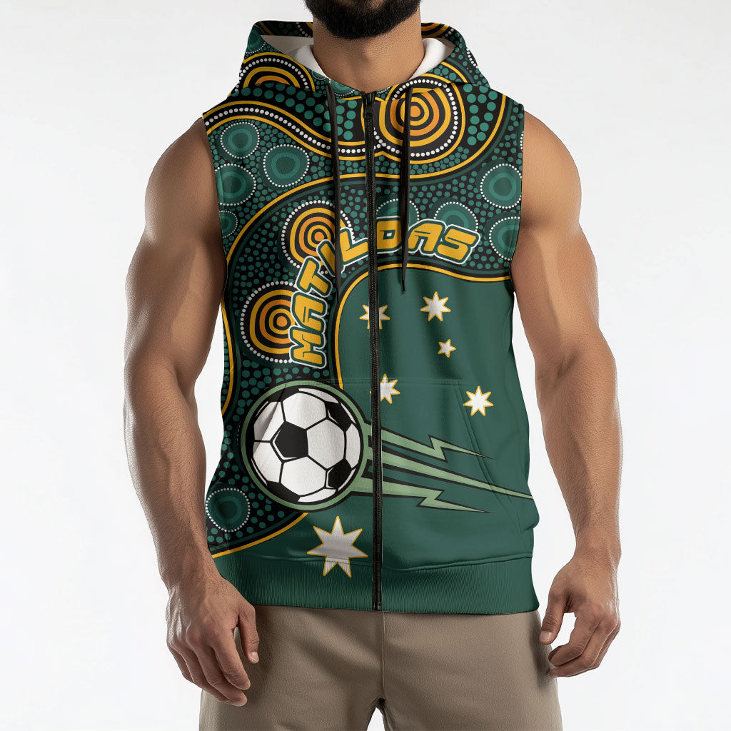 Matildas Game On Sleeveless Zip Hoodie Indigenous Dot Art Soccer Ball With Southern Cross Stars