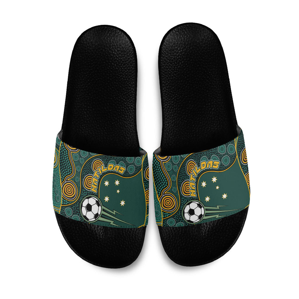 Matildas Game On Slide Sandals Indigenous Dot Art Soccer Ball With Southern Cross Stars