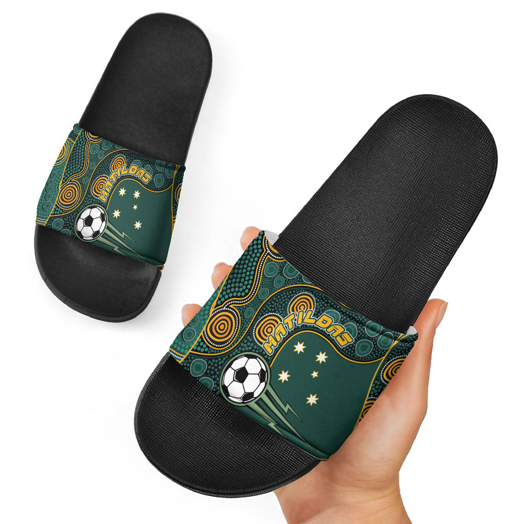 Matildas Game On Slide Sandals Indigenous Dot Art Soccer Ball With Southern Cross Stars