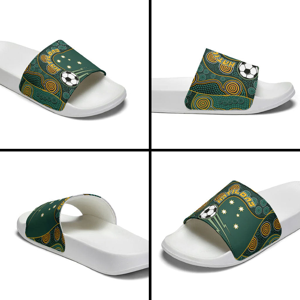 Matildas Game On Slide Sandals Indigenous Dot Art Soccer Ball With Southern Cross Stars