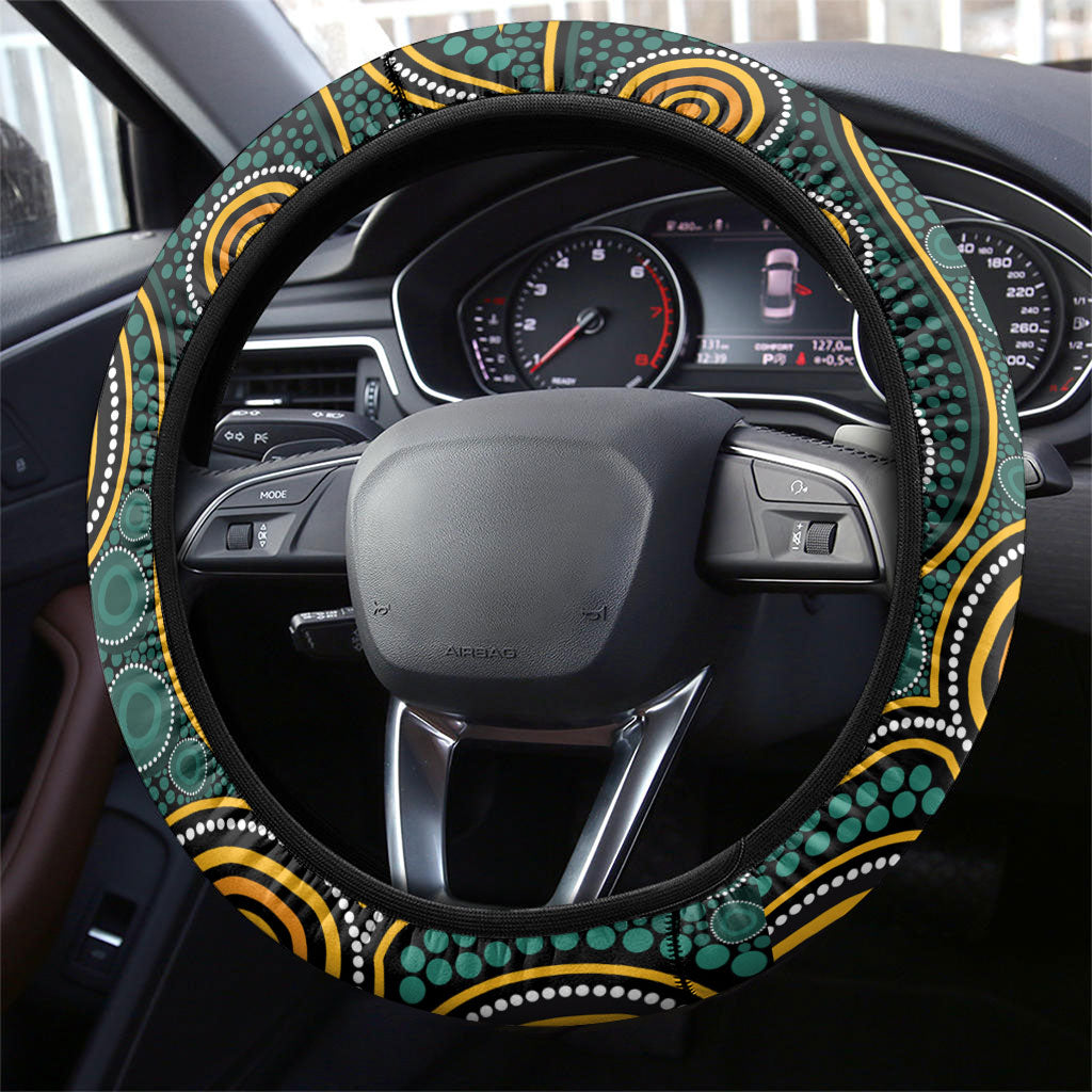 Matildas Game On Steering Wheel Cover Indigenous Dot Art Soccer Ball With Southern Cross Stars