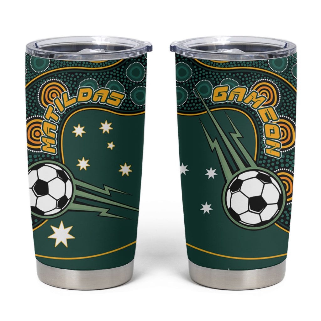 Matildas Game On Tumbler Cup Indigenous Dot Art Soccer Ball With Southern Cross Stars