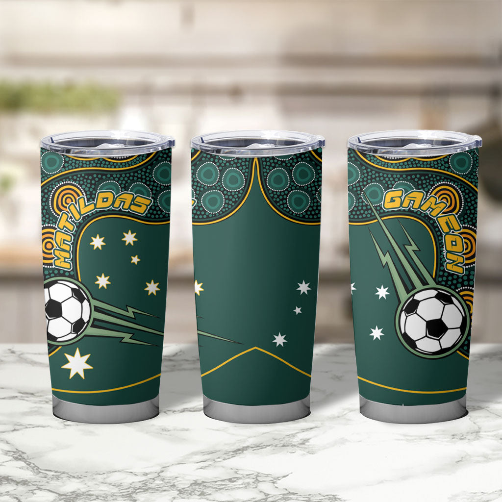 Matildas Game On Tumbler Cup Indigenous Dot Art Soccer Ball With Southern Cross Stars