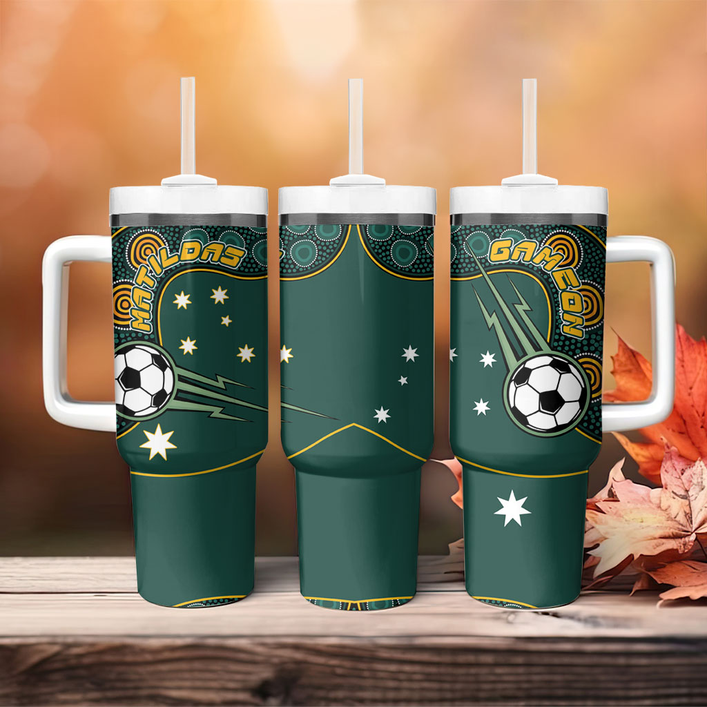 Matildas Game On Tumbler With Handle Indigenous Dot Art Soccer Ball With Southern Cross Stars