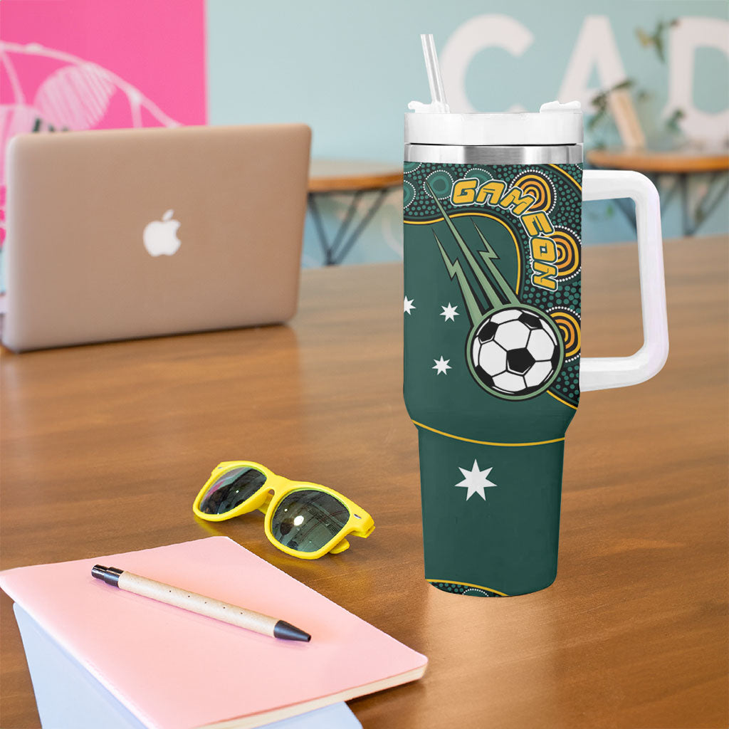 Matildas Game On Tumbler With Handle Indigenous Dot Art Soccer Ball With Southern Cross Stars