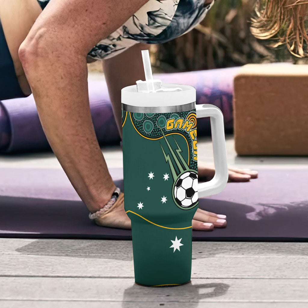 Matildas Game On Tumbler With Handle Indigenous Dot Art Soccer Ball With Southern Cross Stars