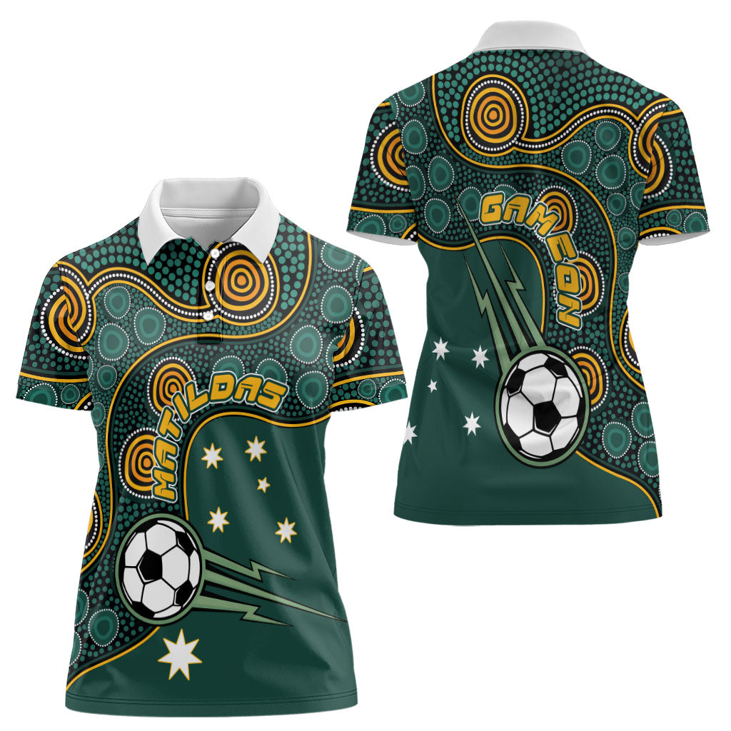 Matildas Game On Women Polo Shirt Indigenous Dot Art Soccer Ball With Southern Cross Stars