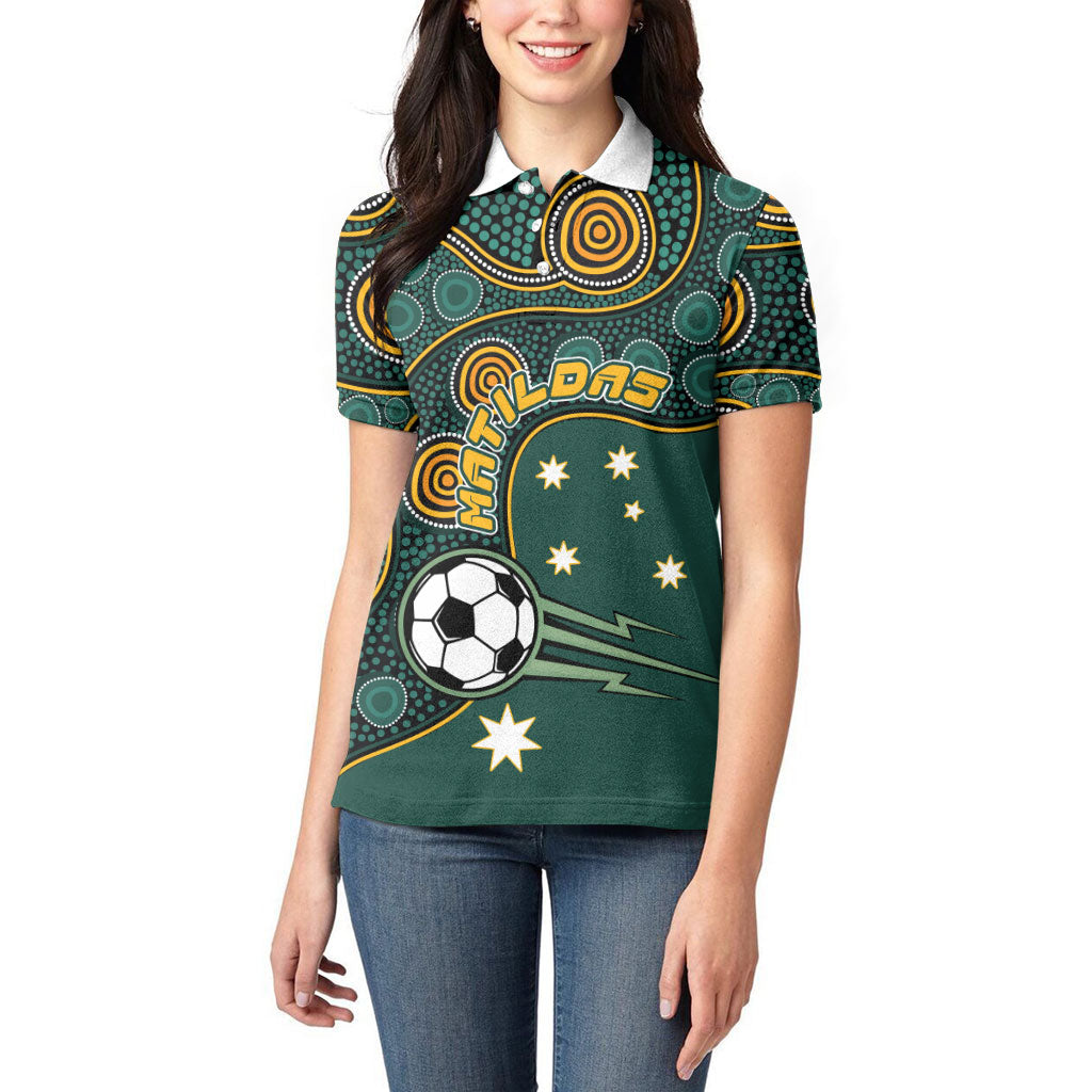 Matildas Game On Women Polo Shirt Indigenous Dot Art Soccer Ball With Southern Cross Stars
