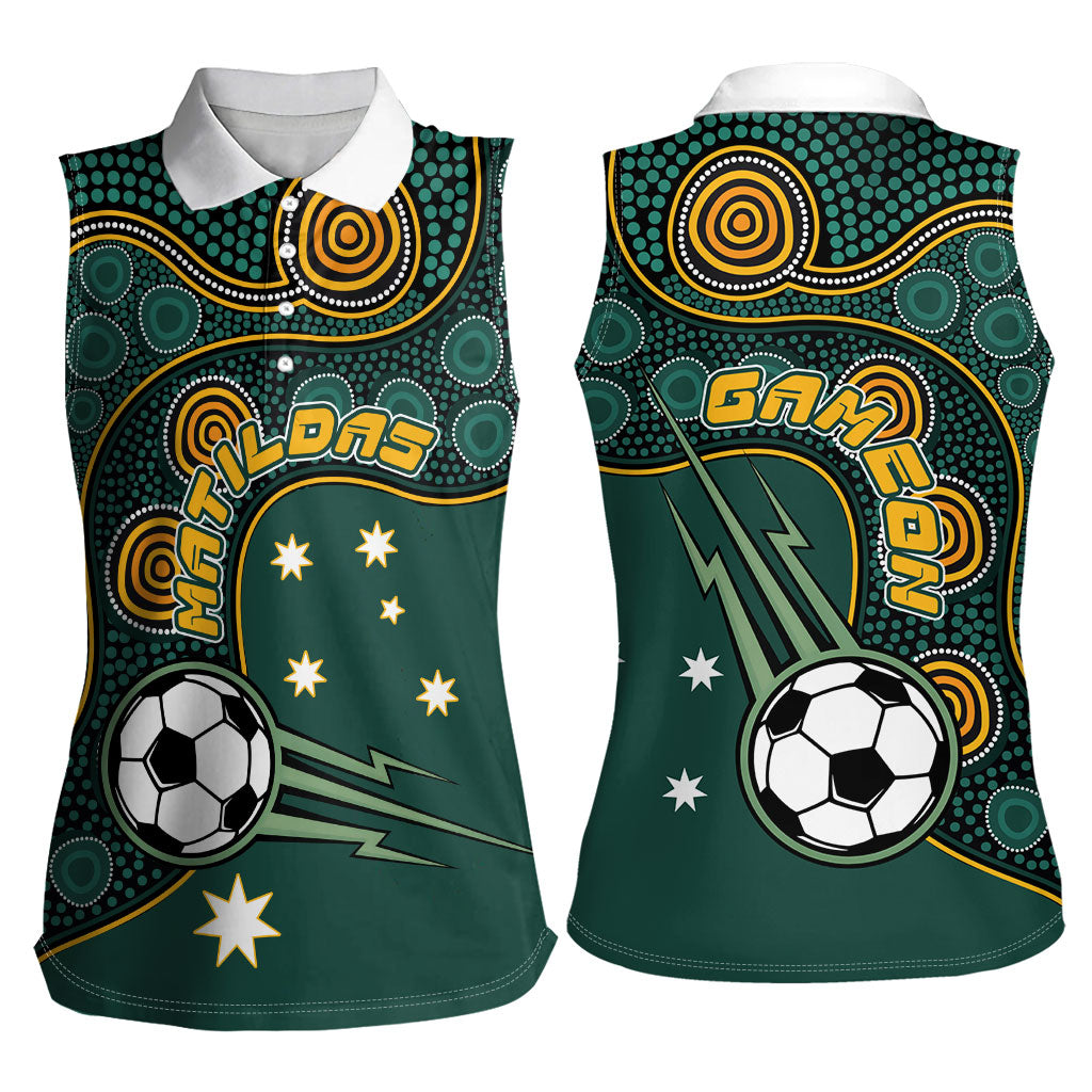 Matildas Game On Women Sleeveless Polo Shirt Indigenous Dot Art Soccer Ball With Southern Cross Stars