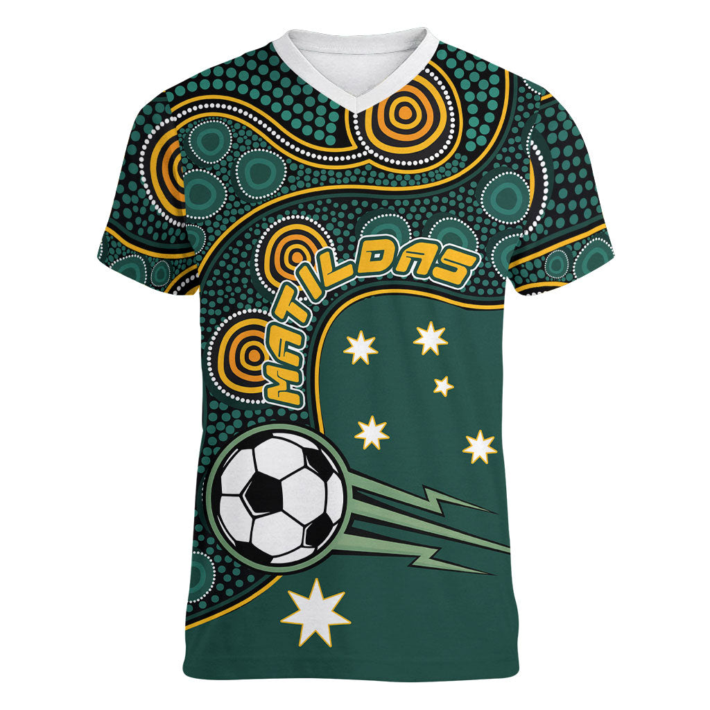 Matildas Game On Women V-Neck T-Shirt Indigenous Dot Art Soccer Ball With Southern Cross Stars