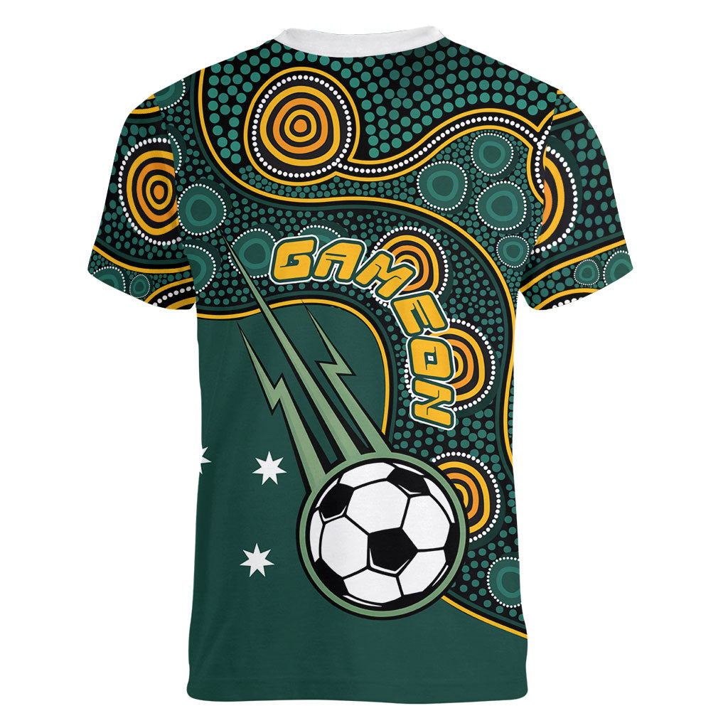 Matildas Game On Women V-Neck T-Shirt Indigenous Dot Art Soccer Ball With Southern Cross Stars