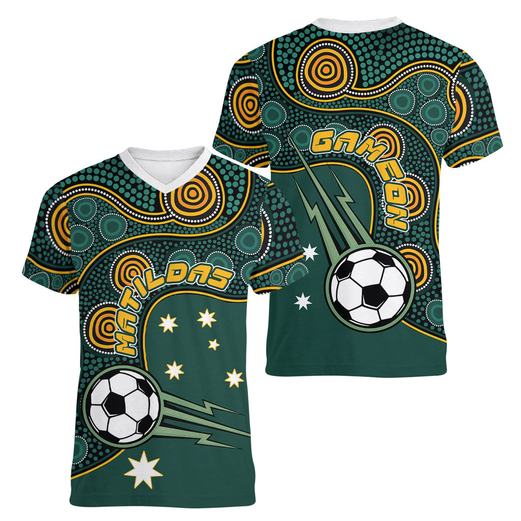Matildas Game On Women V-Neck T-Shirt Indigenous Dot Art Soccer Ball With Southern Cross Stars