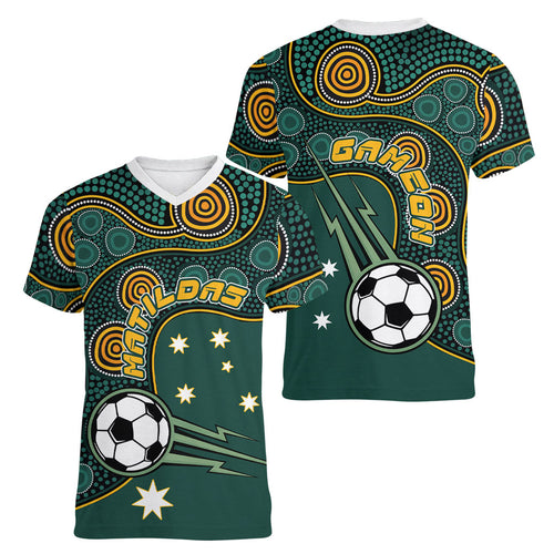 Matildas Game On Women V-Neck T-Shirt Indigenous Dot Art Soccer Ball With Southern Cross Stars