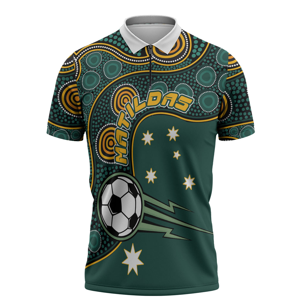 Matildas Game On Zipper Polo Shirt Indigenous Dot Art Soccer Ball With Southern Cross Stars
