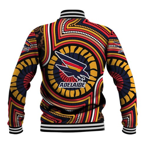 Adelaide Crows Baseball Jacket Indigenous Monochrome Dot Art Mascot Style