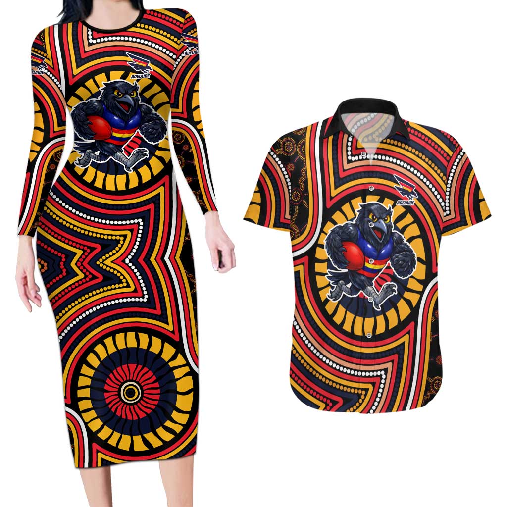 Adelaide Crows Couples Matching Long Sleeve Bodycon Dress and Hawaiian Shirt Indigenous Monochrome Dot Art Mascot Style